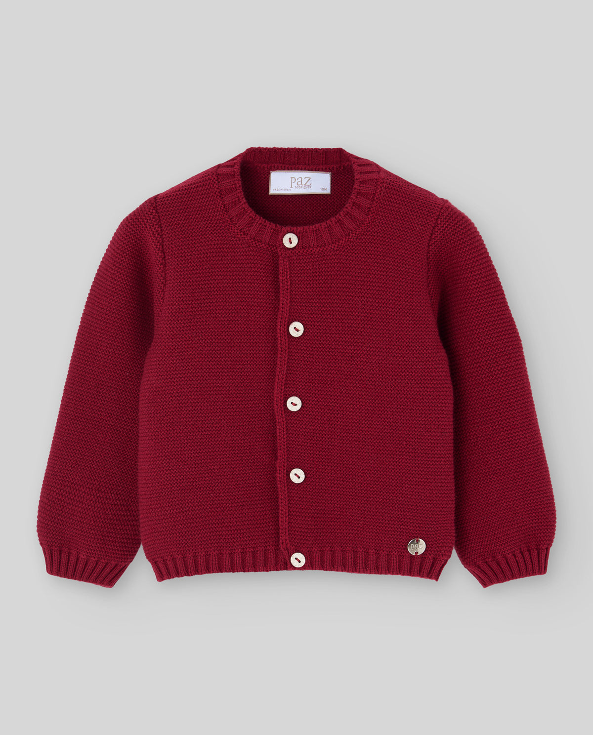 Chaqueta de punto rojo carmesí NADAL para bebé, Paz Rodríguez, vista frontal.