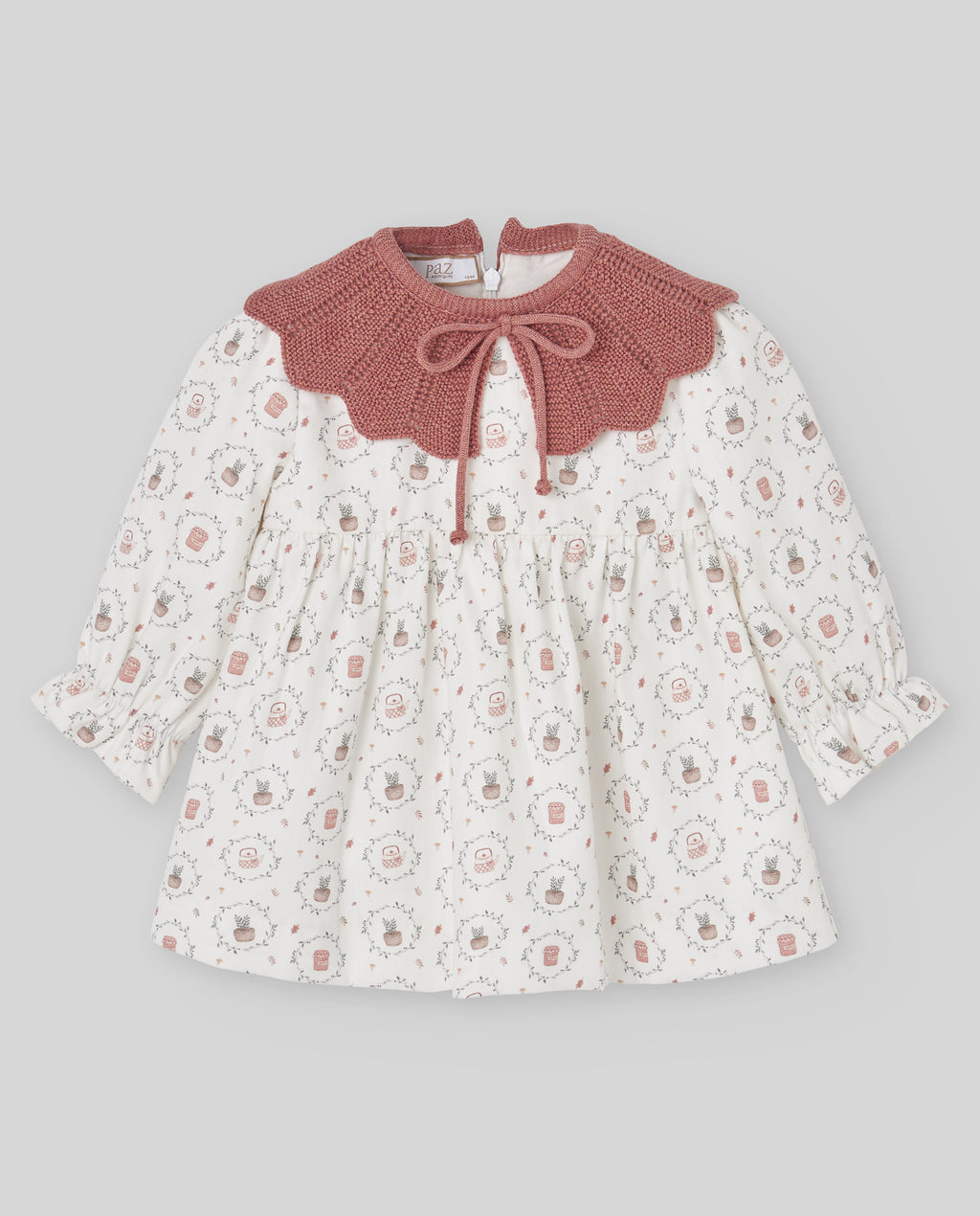 Vestido estampado LUMBRE con cuello de punto teja, Paz Rodríguez, vista frontal.
