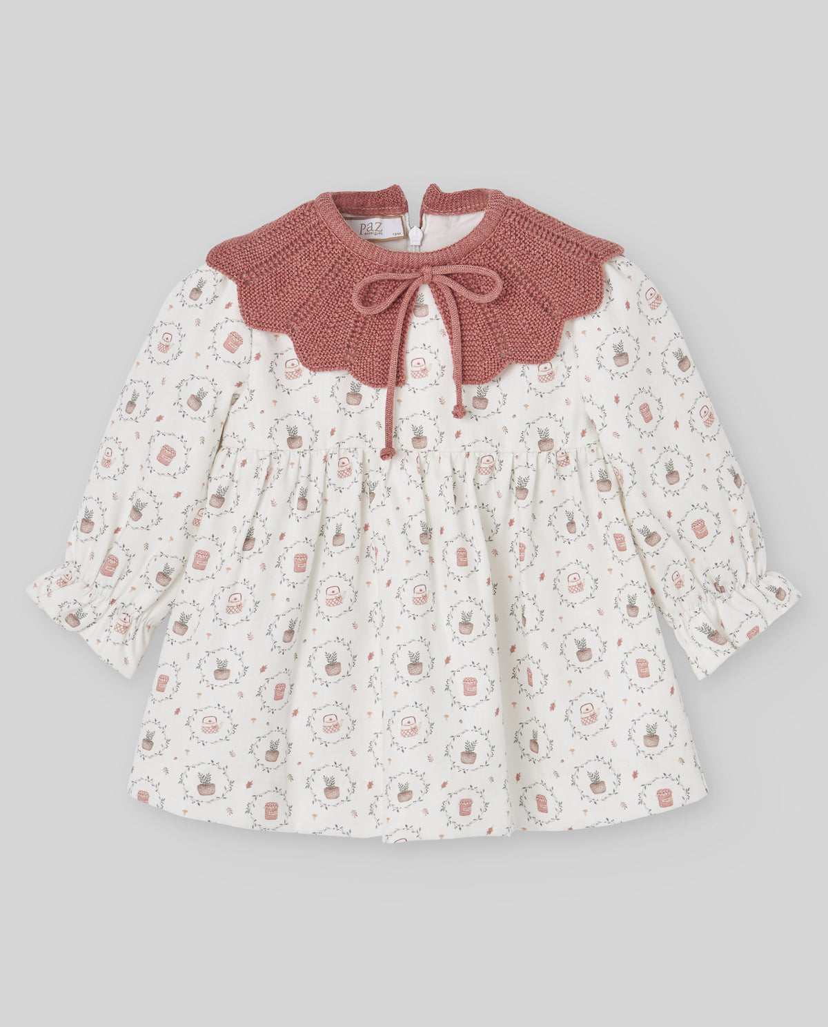 Vestido estampado LUMBRE con cuello de punto teja, Paz Rodríguez, vista frontal.