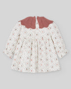 Vestido estampado LUMBRE con cuello de punto teja, Paz Rodríguez, vista posterior.
