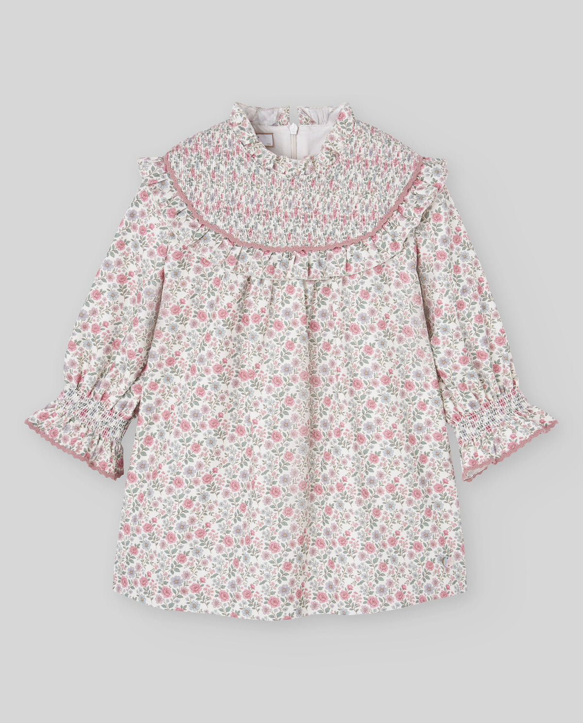 Vestido floral rosa LEDICIA para niña, Paz Rodríguez, vista frontal.