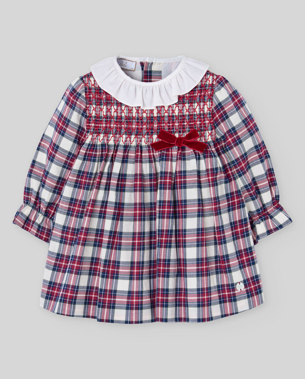 Vestido de cuadros rojos NADAL para bebé con cuello blanco, Paz Rodríguez, vista frontal.