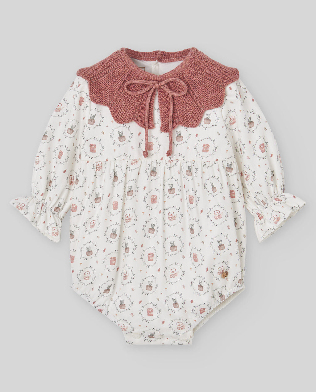 Mameluco estampado LUMBRE con cuello de punto teja, Paz Rodríguez, vista frontal.
